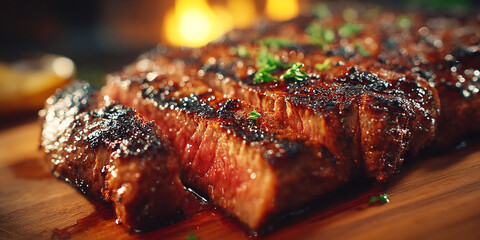 Grilled steak showcases perfect medium rare cooking at bustling restaurant setting