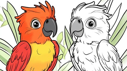 Colorful parrot coloring book illustration, vibrant plumage, engaging activity, educational print