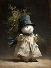 Charming Snowman in Top Hat Carrying Evergreen Branches