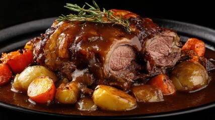 Video A plate of hot food with sliced meat, boiled potatoes, and steamed carrots