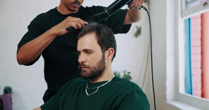 Man, comb and hairdryer at salon, client and tools for hygiene, trim and grooming services, People, appliance and equipment for hairdresser, treatment or appointment for transformation at barbershop