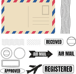 Set of vector postal stamps with an envelope for mail and correspondence design set elements..