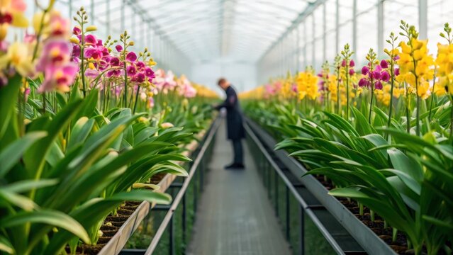 Person inspecting vibrant orchid blossoms in a greenhouse
