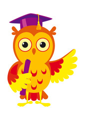 An owl, adorned with a graduation cap, proudly holds a diploma