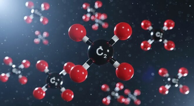 A molecular model of a carbon dioxide molecule, with red and black spheres representing the carbon and oxygen atoms, respectively, and a central black sphere representing the carbon atom.