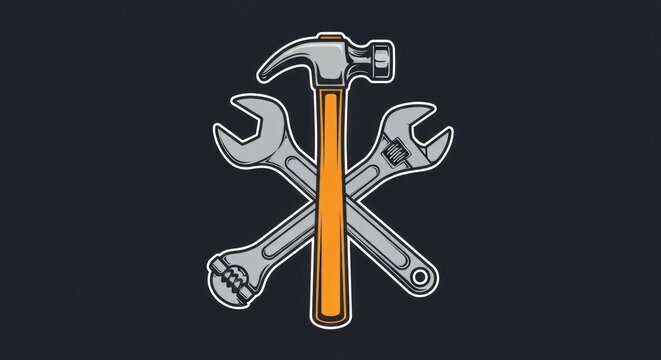 Two crossed wrenches and a hammer on a black background