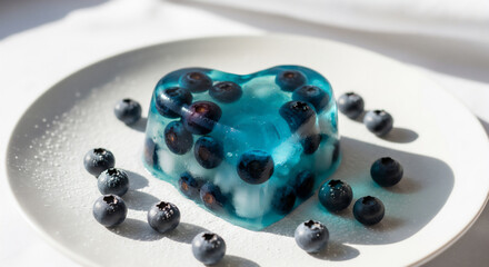 ブルーベリー入りの青いハート型ゼリーのスイーツ写真

