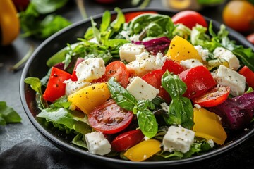 A vibrant salad featuring a variety of fresh ingredients, including juicy tomatoes, crisp lettuce, and creamy feta cheese, all tossed together with a tangy dressing.