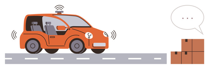 Self-driving car with sensors navigating a road toward stacks of parcels. Ideal for automation, logistics, technology, delivery, innovation, smart transportation, robotics. Minimalist flat metaphor