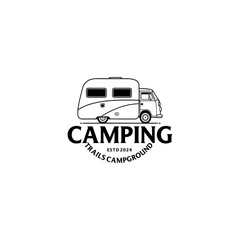 A collection of campground logos blending classic badge elements and camper illustrations, capturing the spirit of travel and exploration.