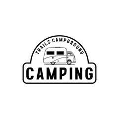 A collection of campground logos blending classic badge elements and camper illustrations, capturing the spirit of travel and exploration.