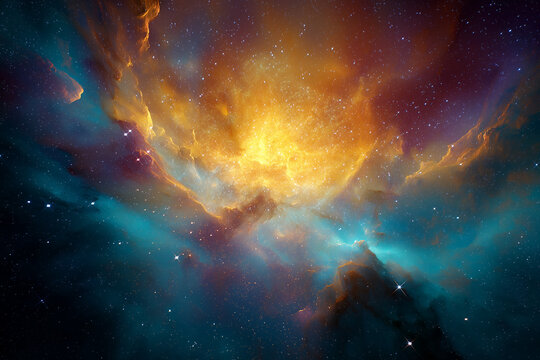 Vibrant cosmic nebula explosion featuring brilliant yellow and orange gas clouds contrasted against deep blue and purple interstellar dust, scattered with countless bright stars in deep space