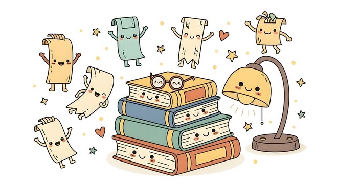Literary-themed cute doodle designs with stacked books with faces, a happy reading glasses, cheerful bookmarks, and a friendly library lamp. Scholarly but sweet aesthetic.