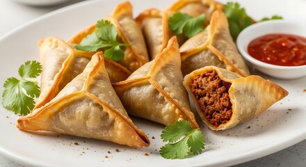 Delicious homemade meat samosas with fresh cilantro and dipping sauce on a white plate.