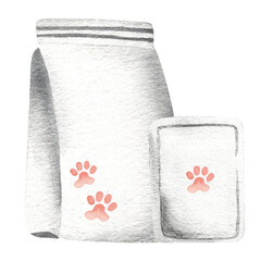 Dry and wet cat and dog food packaging. Hand-drawn watercolor illustration. Pet food packaging template.