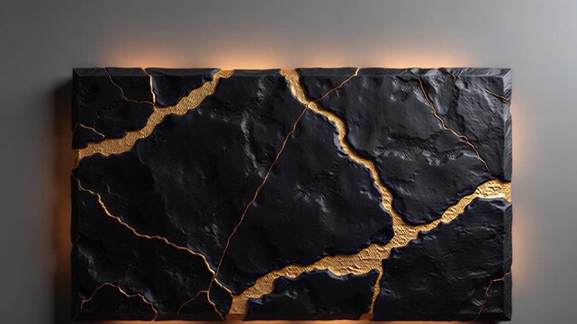 Striking kintsugi wall art featuring black stone and gold cracks, creating a modern and sophisticated aesthetic for interior design projects