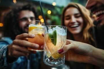 A lively gathering of friends at a trendy bar, with a mix of modern and vintage decor, featuring a variety of drinks and snacks, and a diverse group of people engaged in conversation and laughter.