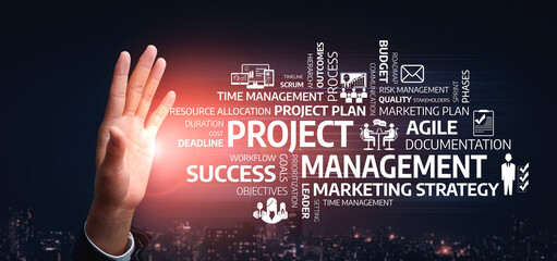 This image showcases a hand reaching towards a vibrant word cloud related to project management, emphasizing concepts like time management, agile methods, and success. Tessel