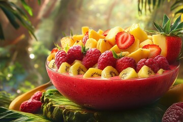 Vibrant Tropical Fruit Bowl with Strawberries, Kiwis, and Pineapple in a Jungle Setting