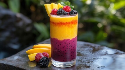 Vibrant layered smoothie with fresh mango, dragon fruit, and mixed berries in a clear glass, garnished with mint leaves and surrounded by lush greenery.