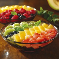 Vibrant Assorted Fruit Salad Featuring Sliced Pineapple, Kiwi, and Berries in Glass Bowls on a Wooden Table