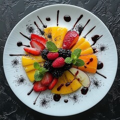 Elegant Berries and Sliced Fruits Arrangement with Garnishes and Chocolate Drizzle on a Modern White Plate