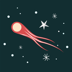 A stylized illustration of a star with a red body and white tail, set against a dark background with white stars and circles, representing the journey of conception
