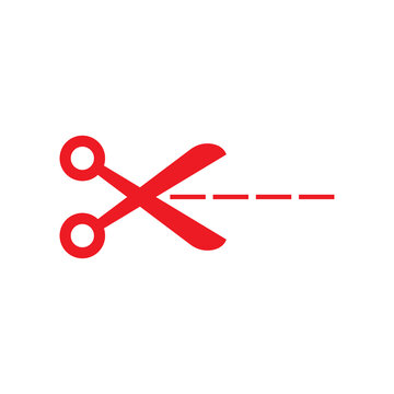 Coupon cutting action represented by an open pair of red scissors and a dotted separator line, isolated on a crisp transparent background for