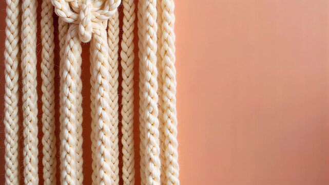 Close-up of a cream-colored macrame wall hanging against a peach background, creating a sense of calm and handmade artistry for home decor
