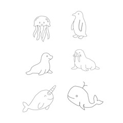Sea Animals Outline Icon Set. Marine Life Line Art Collection. Cute Ocean Creatures Doodle Bundle. Underwater Wildlife Minimal Icons. Aquatic Animals Outline Illustration Pack.