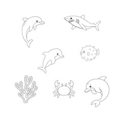 Sea Animals Outline Icon Set. Marine Life Line Art Collection. Cute Ocean Creatures Doodle Bundle. Underwater Wildlife Minimal Icons. Aquatic Animals Outline Illustration Pack.
