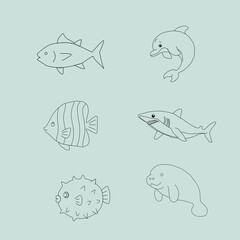 Sea Animals Outline Icon Set. Marine Life Line Art Collection. Cute Ocean Creatures Doodle Bundle. Underwater Wildlife Minimal Icons. Aquatic Animals Outline Illustration Pack.