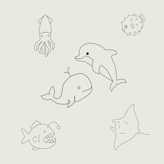 Sea Animals Outline Icon Set. Marine Life Line Art Collection. Cute Ocean Creatures Doodle Bundle. Underwater Wildlife Minimal Icons. Aquatic Animals Outline Illustration Pack.