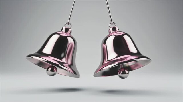 Two shiny, pink-toned bells hanging against a soft, gradient background, reflecting light.