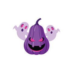 Cartoon Purple Jackolantern With Two Friendly Ghosts.