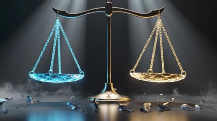 Dynamic scene of floating blue and gold crystal shards around a glowing balance scale in a misty, spotlight-lit environment, showcasing contrast and symmetry in a surreal, ethereal setting