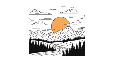 Line art mountain landscape with winding river, dense forest, and vibrant sun against cloudy sky illustration.
