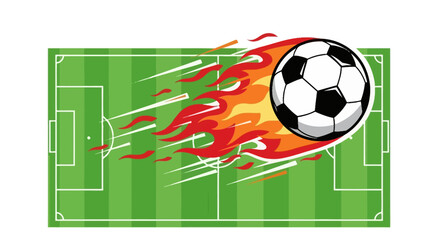 Fiery soccer ball speeding over a green football field, dynamic action sports game concept illustration