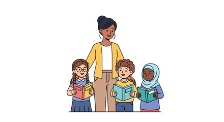 Diverse teacher and three happy elementary school children joyfully reading books together, promoting education and learning.