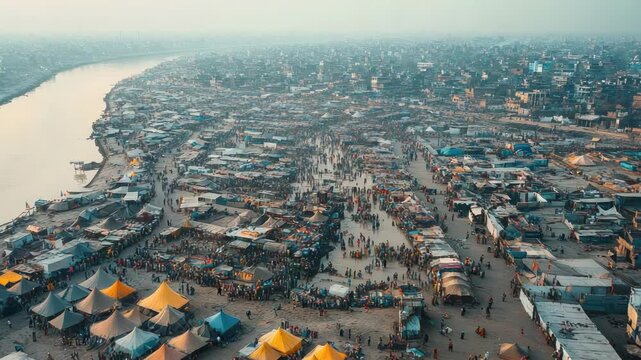 Video Aerial view of a city with tents and people, great for urban development or refugee crisis s