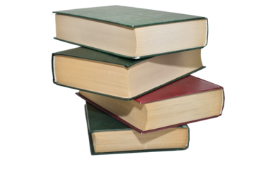 Tall stack of thick books on PNG background, clipping path.