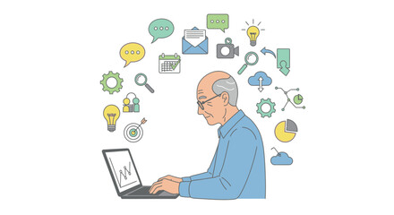 Senior man using laptop surrounded by digital communication and business icons on a clean white background