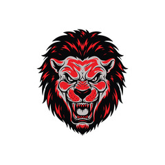 Red And Black Fierce Roaring Lion Head Illustration.