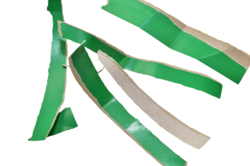 Strips of green cardboard torn by hand lie on a PNG background.