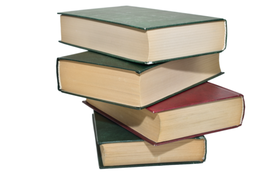 Tall stack of thick books on PNG background, clipping path.