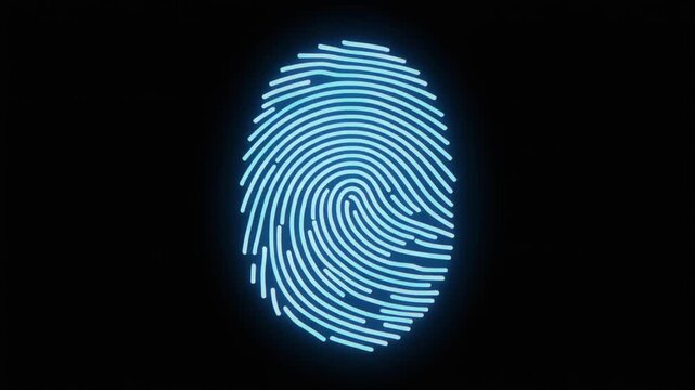 A glowing blue digital fingerprint on a dark background, representing security and identity. - Powered by Adobe
