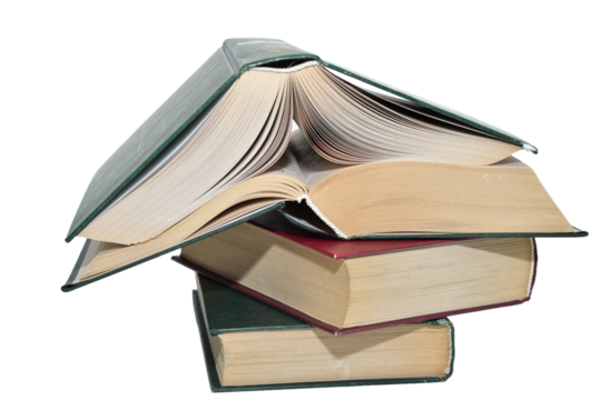 Tall stack of thick books on PNG background, clipping path.