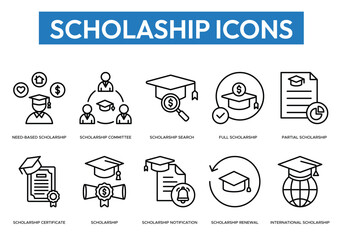 Set of clean outline icons showing scholarship search, funding, certificates, notifications, renewals, committees, and international scholarships. Ideal for education apps, websites, and infographics.