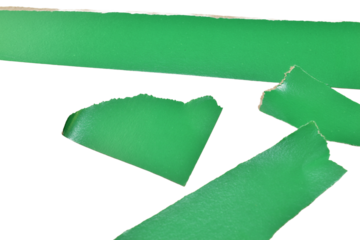 Strips and pieces of hand-torn green cardboard lie on a PNG background.