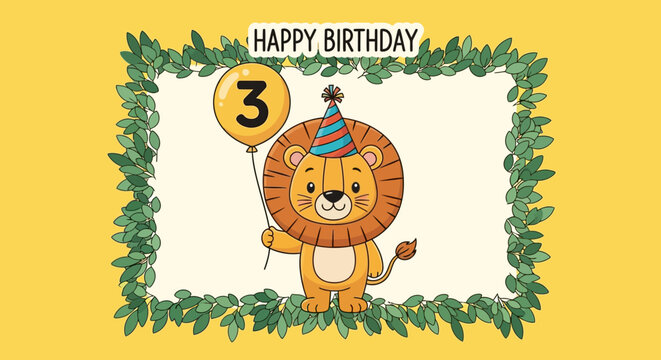 Third birthday celebration with a cheerful animated lion, party hat, yellow balloon, and natural leafy border design. - Powered by Adobe